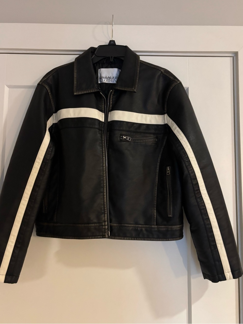 Motorcycle Jacket Faux Leather motorcycle Jacket with White Racing Stripes